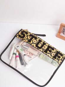 雪尼尔字母贴片 PVC 包，时尚零食收纳袋，拉链透明旅行化妆袋，适用于学校化妆包，返校用品化妆品收纳袋，学校用品袋，收纳袋，房间用品 - 黑與白 - 查看 4