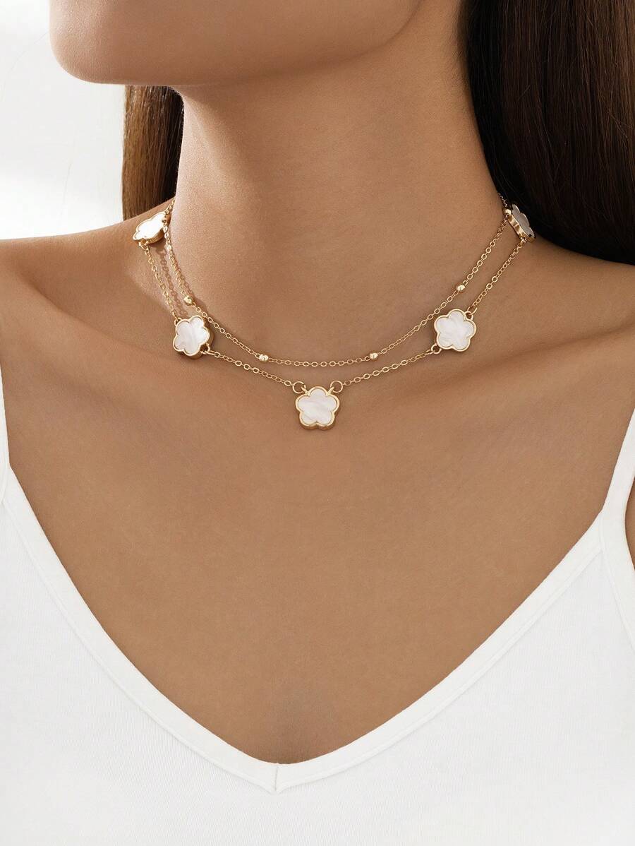 1 件时尚四叶草吊坠多层女士项链（由于手工切割，链上珠子数量随机，但长度固定） - 白色 - 查看 1
