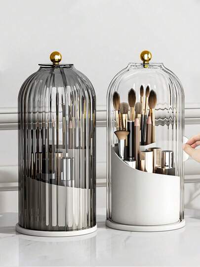1pc 360° Rotating Makeup Brush Holder With Transparent Cover, Desktop Brush Organizer, Tabletop Makeup Brush Storage Cup, Cosmetic Display Stand ,Jewellery Box,Pouch,Makeup Brush Holder,Brush Holder,Perfume Organiser,Pouch Bag