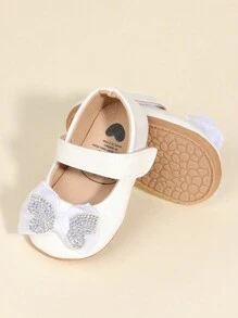 1pair Infant Toddler Girls Soft Sole Bowknot Hook-And-Loop Skid-Proof Comfortable Walking Shoes, Mary Jane Princess Shoes Suitable For Spring And Autumn 0-1 Years Old