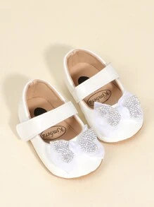 1pair Infant Toddler Girls Soft Sole Bowknot Hook-And-Loop Skid-Proof Comfortable Walking Shoes, Mary Jane Princess Shoes Suitable For Spring And Autumn 0-1 Years Old