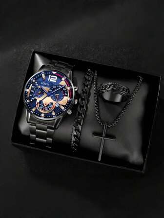 4 Pieces Men's Fashion Set:Fashionable Men's Quartz Watch Set With Calendar, Black Cross Pendant, Ring, And Bracelet - Gift For Him