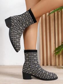 Damskie botki na grubym/niskim obcasie z wycięciami, dzianinowe botki z blokami kolorów, antypoślizgowe buty z miękką podeszwą