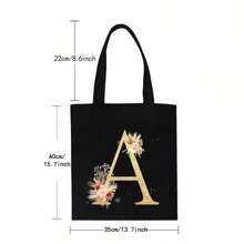 Sacola de Lona Preta Personalizada com Estampa Floral Dourada de Letra A-Z, Sacola de Compras da Moda, Bolsa de Uso Diário, Presente de Aniversário para Mulheres, Presente para Namorada, Lembrança Personalizada de Dama de Honra