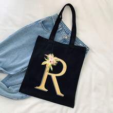 Sacola de Lona Preta Personalizada com Estampa Floral Dourada de Letra A-Z, Sacola de Compras da Moda, Bolsa de Uso Diário, Presente de Aniversário para Mulheres, Presente para Namorada, Lembrança Personalizada de Dama de Honra