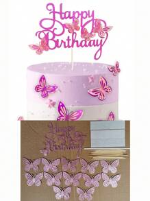 Conjunto de 13 piezas de adornos para pastel con polvo dorado, 1 bandera con letra de mariposa + 12 decoraciones de pastel pequeñas con mariposas - Rosa roja - Ver 9