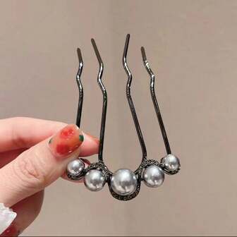 优雅中式仿珍珠四爪发髻器发簪梳发饰梳子，适用于发际线后梳、学生用品、珍珠发饰、婚礼、伴娘礼物