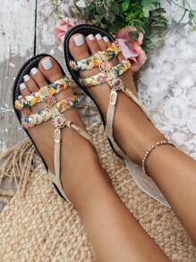 Sandalias planas informales tipo slip-on con bloque de color y punta redonda para mujer