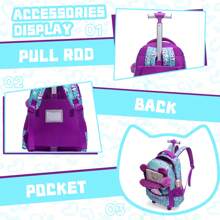 3PCS Cute Animal Rolling Backpack For Girls For Primary School Girls Trolley Backpack With Lunch Bag And Pen Bag For Travel Picnic And Camping The Best Gift For Girls - Purple - View 5