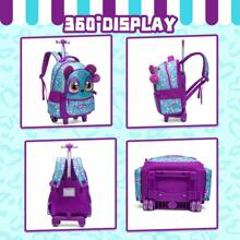 3PCS Cute Animal Rolling Backpack For Girls For Primary School Girls Trolley Backpack With Lunch Bag And Pen Bag For Travel Picnic And Camping The Best Gift For Girls - Purple - View 4