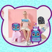 3PCS Cute Animal Rolling Backpack For Girls For Primary School Girls Trolley Backpack With Lunch Bag And Pen Bag For Travel Picnic And Camping The Best Gift For Girls - Purple - View 6