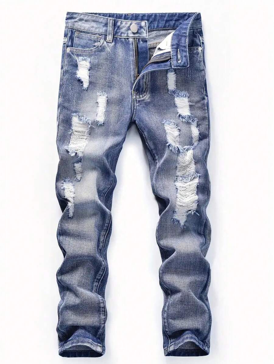 Tween Boy Zip-Up Distressed Design Fashionable Streetwear Denim Jeans - Dusty Blue - View 1