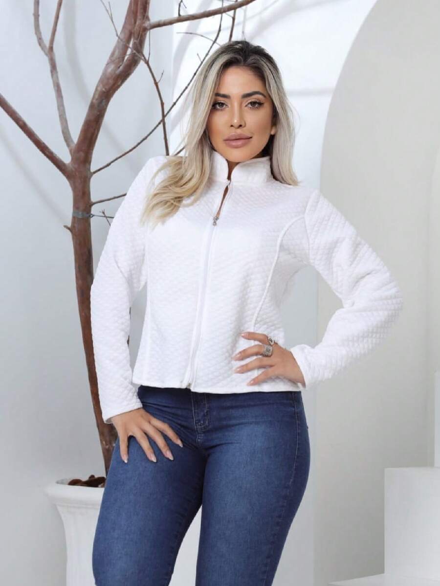 PREMIUM Metalasse Padre Collar Women's Jacket With Zipper Coat - trắng - Xem 1