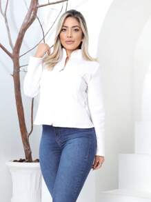 PREMIUM Metalasse Padre Collar Women's Jacket With Zipper Coat - trắng - Xem 6