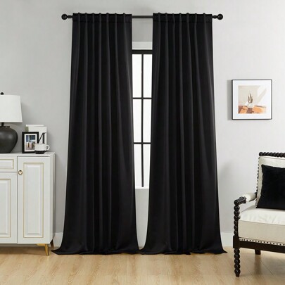 2pcs Blackout Curtain Panels Set, Room Darkening Solid Color Thermal Insulated Curtain With Back Tab/Rod Pocket, Suitable For Living Room, Office, Bedroom, Short Size Can Be Used As Curtain For Cabinet, Black