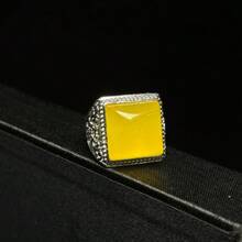 1pc Natural Yellow Jade Ring Inlaid, Jade Lucky Ring, Jade Wealth Ring, Guardian Peace Ring, All Hand-Carved, Adjustable Ring Mouth, Natural Gem Ring, Quartz Crystal, Gift For Him, Suitable For Holiday Party Gifts, Quartz Crystal Gifts. - Yellow - View 7