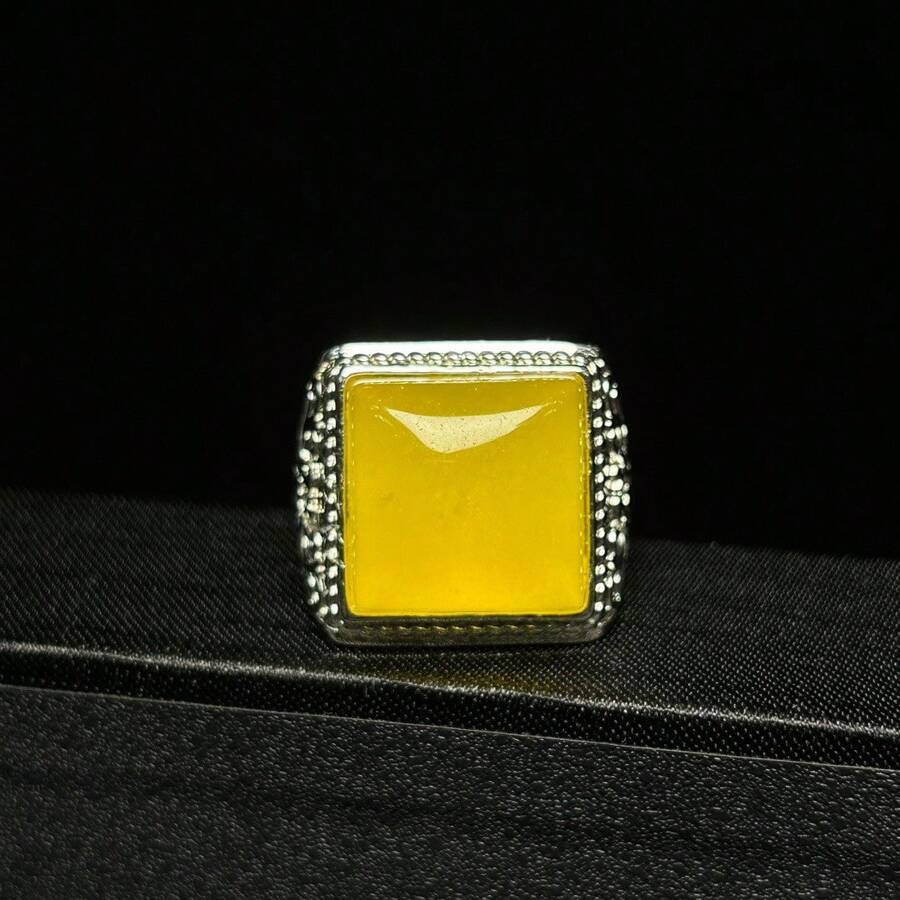 1pc Natural Yellow Jade Ring Inlaid, Jade Lucky Ring, Jade Wealth Ring, Guardian Peace Ring, All Hand-Carved, Adjustable Ring Mouth, Natural Gem Ring, Quartz Crystal, Gift For Him, Suitable For Holiday Party Gifts, Quartz Crystal Gifts.