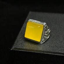 1pc Natural Yellow Jade Ring Inlaid, Jade Lucky Ring, Jade Wealth Ring, Guardian Peace Ring, All Hand-Carved, Adjustable Ring Mouth, Natural Gem Ring, Quartz Crystal, Gift For Him, Suitable For Holiday Party Gifts, Quartz Crystal Gifts. - Yellow - View 5