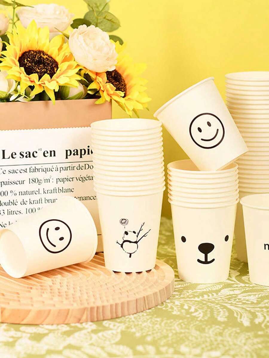 50 piezas/set Vasos desechables de papel grueso de 250ml, uso doméstico, oficina, negocios, estilo sencillo, al por mayor, fiesta de Halloween - Carita de osito solo - Ver 1