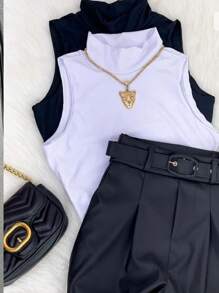 Plain High Neck Tank Top - 黑色 - 查看 2