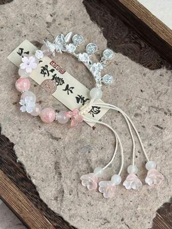 1 件新款优雅中国风粉色花卉串珠可调节女士手链