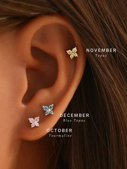 1 par de pendientes con decoración de mariposa y 12 piedras de nacimiento chapados en oro de plata de ley 925 hipoalergénicos para mujeres y niñas