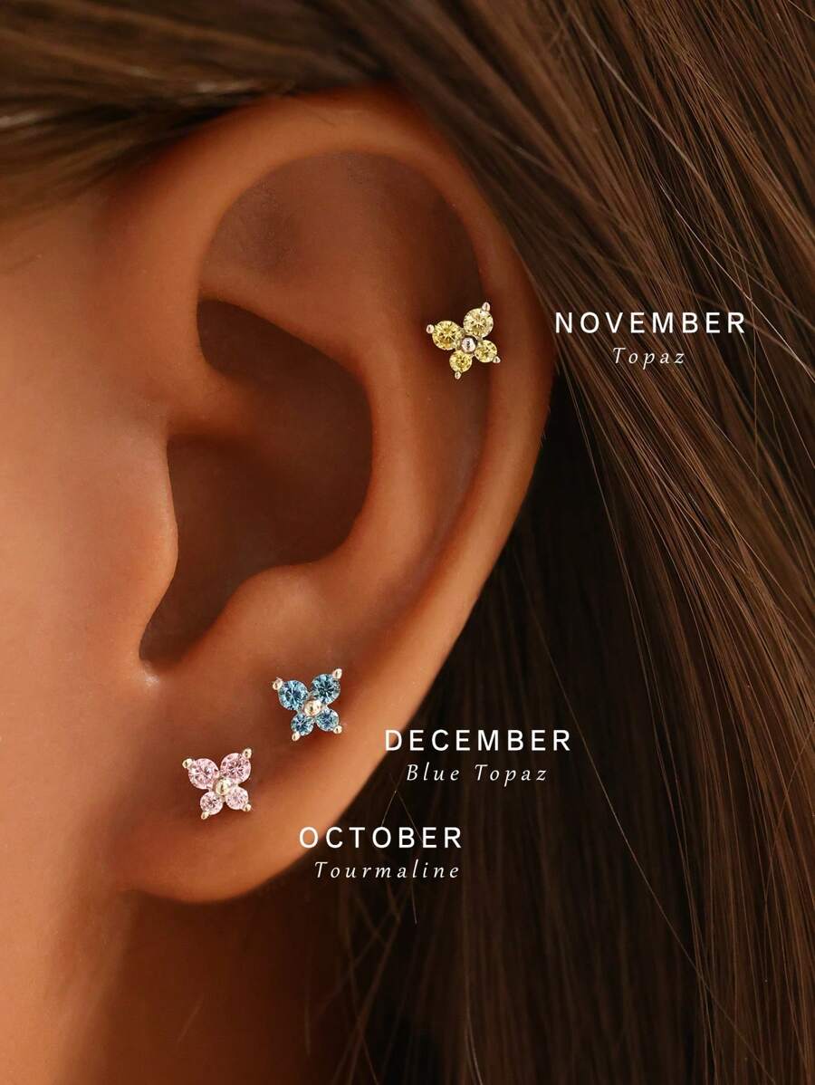 1 对防过敏 S925 纯银金色蝴蝶 12 颗诞生石装饰耳钉 适合女士女孩 - 銀色 - 查看 1