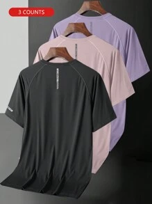 3pcs/Set Women Short Sleeve Letter Print Crew Neck Casual Outdoor Sports T-Shirts (Light Pink + Purple + Black)