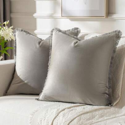 1入組純色座墊套（不含內芯），配流蘇天鵝絨沙發靠墊套，家居裝飾