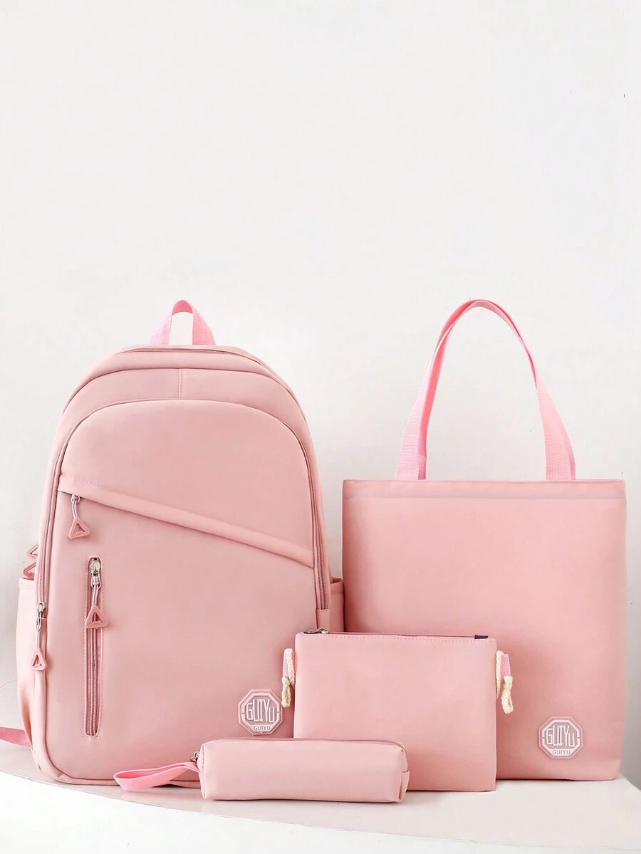 4pcs/Set Solid Basic Student Backpack, Large Capacity Shoulder Bag, Crossbody Bag, Pencil Pouch - Pink - View 1