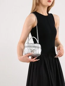 Túi đeo chéo họa tiết kim cương hợp thời trang, Túi đeo chéo mini màu trơn nhẹ thanh lịch cho bé gái - Bạc - Xem 2