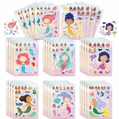 8/16/24/32pcs Mermaid Themed Cartoon Face Stickers, Suitable For DIY Crafts And Birthday Party Supplies