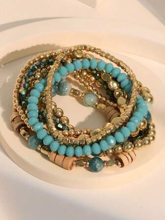 9pcs Boho Beaded Colorful Blue Bracelets Set For Women, Suitable For Vacation, Beach And Daily Wear