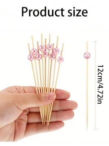 1 Set 100/50/10 piezas Pinchos/Palillos blancos de bambú con perlas de frutas, desechables - modelo rosa - Ver 2