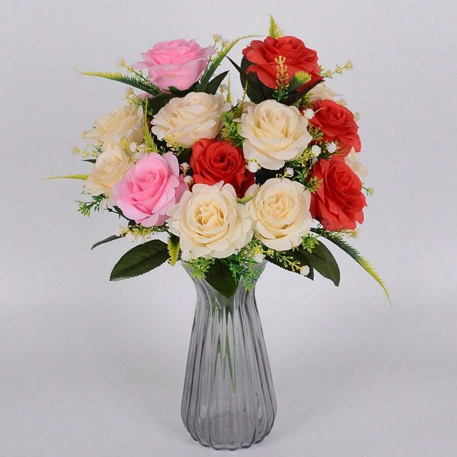 Artificial Rose Bouquet Plastic Flower Wall Decor Vase Filler For