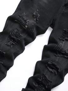 Men's Black Straight Slim Fit Distressed Patch Denim Jeans - Black - View 3