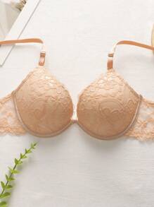 2PCS Women's Black/Apricot Floral Lace Underwire Push Up Bra, Small Chest/Bust Female Underwear With Back Closure, Sexy & Solid Color Lingerie For Small Breasts, Supportive Brassiere With Adjustable & Detachable Shoulder Straps, Comfortable & Breathable Fabric, Back With Lace Design, Suitable For Festival, Holidays, Couple Dates And Daily Use - Multicolor - View 8