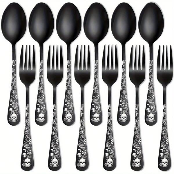 Juego de 8/12 piezas de cucharas y tenedores góticos negros, diseño de calavera y rosa para postre, cucharas de cereal/cucharas de helado/tenedores de ensalada/tenedores de espagueti, cubiertos de acero inoxidable de calidad, regalo ideal para Halloween/Día de los Muertos/Navidad/Acción de Gracias/Inauguración de casa, decoración del hogar, fiesta de Halloween, cocina, regalo de Navidad