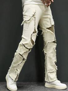 Men's Fashionable Fringe Denim Jeans - White - View 3