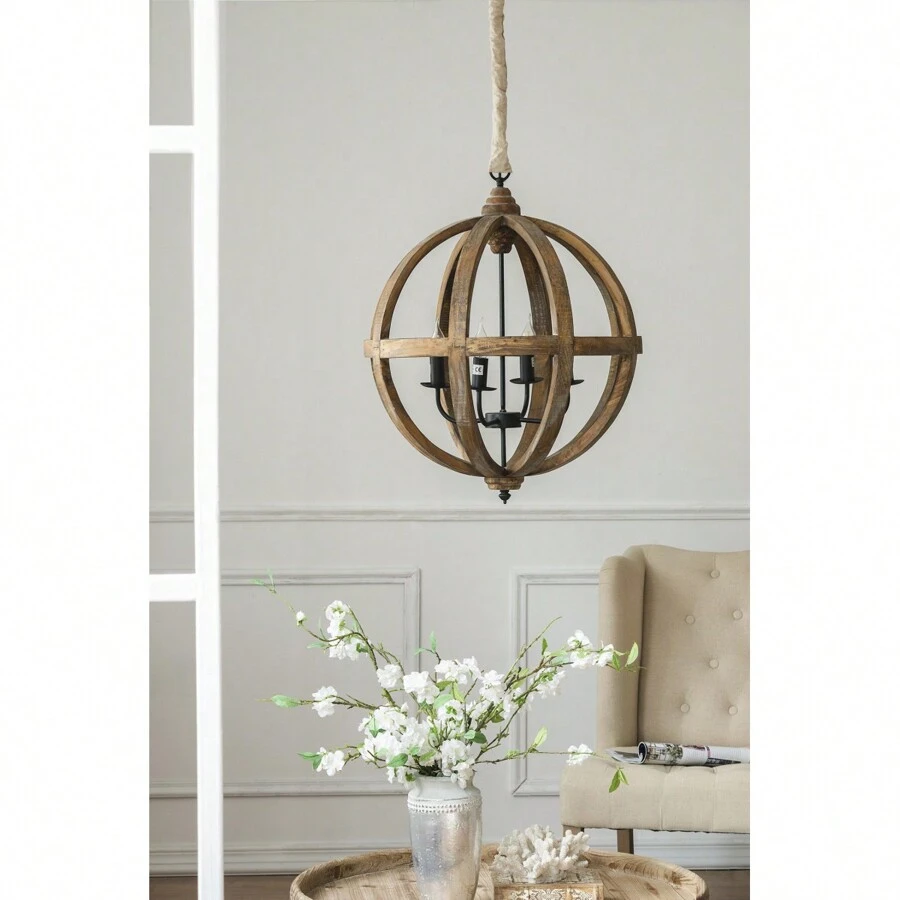 4 - Light Wood Chandelier, Hanging Light Fixture With Adjustable Chain For Kitchen Dining Room Foyer Entryway, Bulb Not Included - màu nâu - Xem 1