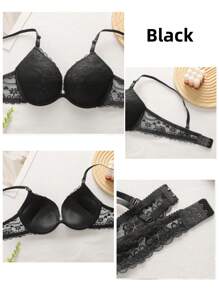 2PCS Women's Black/Apricot Floral Lace Underwire Push Up Bra, Small Chest/Bust Female Underwear With Back Closure, Sexy & Solid Color Lingerie For Small Breasts, Supportive Brassiere With Adjustable & Detachable Shoulder Straps, Comfortable & Breathable Fabric, Back With Lace Design, Suitable For Festival, Holidays, Couple Dates And Daily Use - Multicolor - View 9