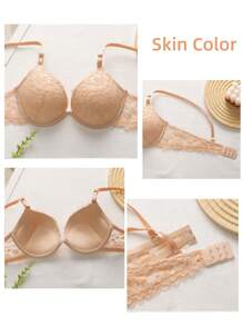 2PCS Women's Black/Apricot Floral Lace Underwire Push Up Bra, Small Chest/Bust Female Underwear With Back Closure, Sexy & Solid Color Lingerie For Small Breasts, Supportive Brassiere With Adjustable & Detachable Shoulder Straps, Comfortable & Breathable Fabric, Back With Lace Design, Suitable For Festival, Holidays, Couple Dates And Daily Use - Multicolor - View 10