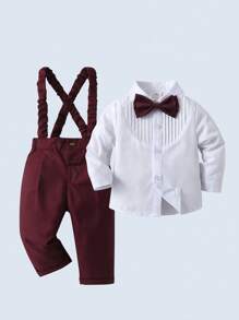 BOARNSEORL Bộ trang phục quý ông 2 món cho bé trai - Áo sơ mi dài tay có nơ và quần có dây đeo, thời trang & dành cho đám cưới, tiệc sinh nhật, tiệc chiêu đãi, tiệc mừng em bé, sinh nhật lần thứ 1 - Màu Đỏ Sâu - Xem 2