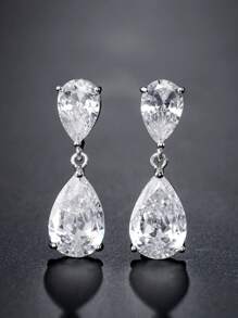 2件套奢华立方氧化锆新娘伴娘耳环项链套装，婚礼首饰。情人节配饰 - 銀色 - 查看 10