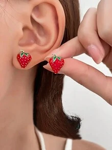 5 对水果主题可爱西瓜、柠檬、草莓、苹果设计糖果色时尚独特女士耳环套装 - 紅色 - 查看 9