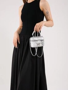 Túi đeo chéo họa tiết kim cương hợp thời trang, Túi đeo chéo mini màu trơn nhẹ thanh lịch cho bé gái - Bạc - Xem 3