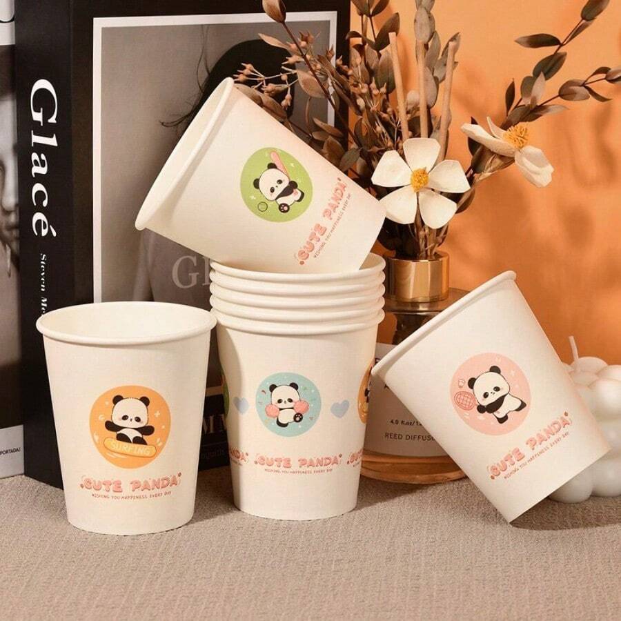 50 piezas/paquete Vasos desechables de fibra de bambú talla grande gruesos con diseños de dibujos animados al azar, adecuados para uso doméstico y comercial, fiesta de Halloween