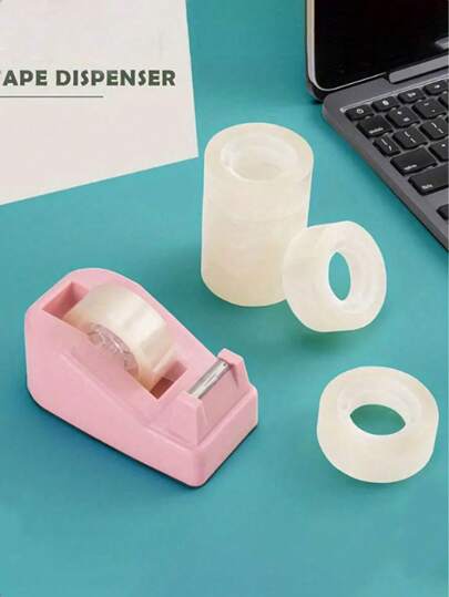 1set 7pcs Pink Tape Dispenser (1 Cutter + 6 Rolls Transparent Tape), For Clear Gift Wrapping At Office, Home, School Back To School