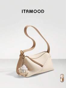 ITAMOOD 奢华设计师轻便商务休闲大容量枕头包和方包，别致真皮奶油白色钱包和手提包和托特包，极简主义复古纯色荔枝纹拉链单肩包和腋下钱包搭配可爱卡通毛绒公仔吊坠装饰 - 彩色 - 查看 2