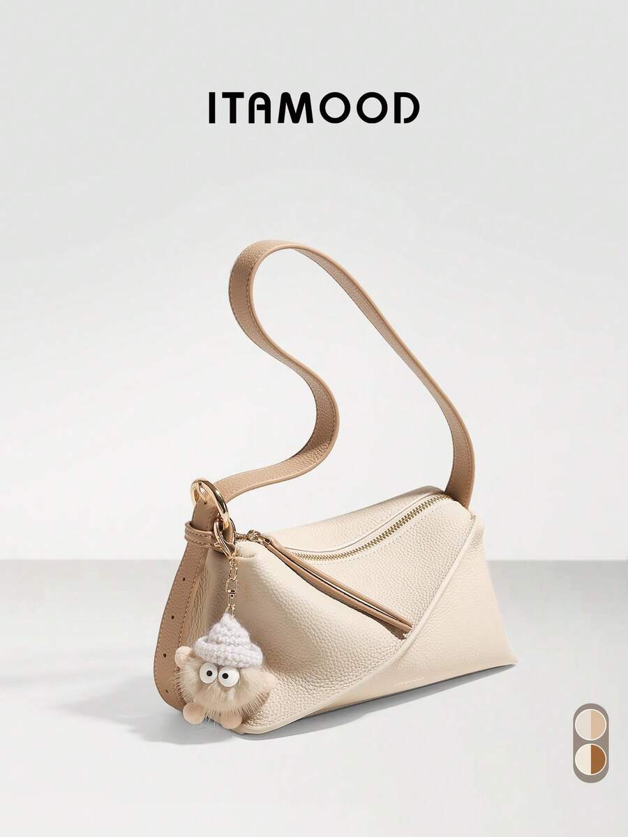 ITAMOOD 奢华设计师轻便商务休闲大容量枕头包和方包，别致真皮奶油白色钱包和手提包和托特包，极简主义复古纯色荔枝纹拉链单肩包和腋下钱包搭配可爱卡通毛绒公仔吊坠装饰